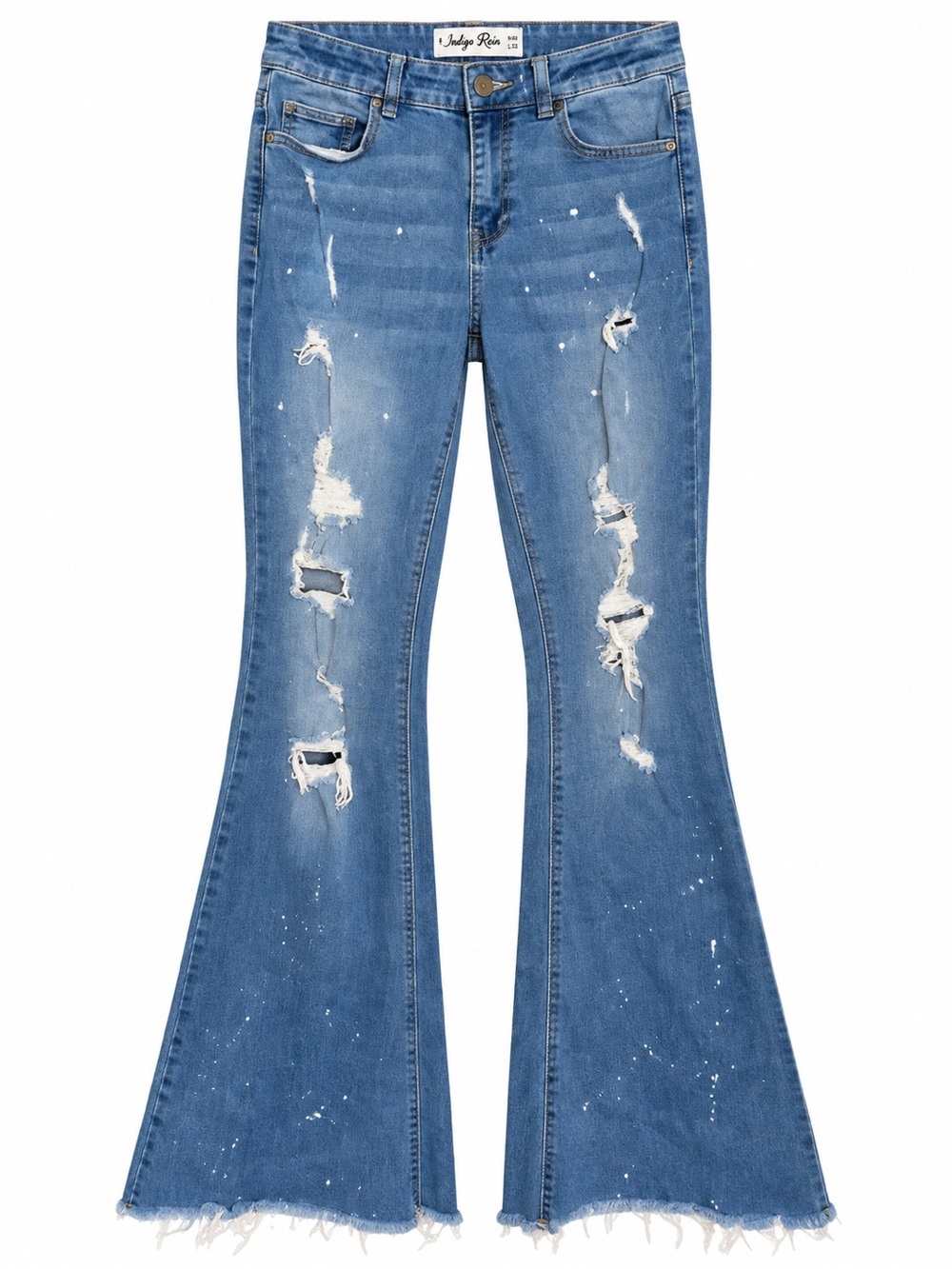 Indigo Rein Womens Size 26 Flare Jeans Factory Distressed Paint Splatter Raw Hem